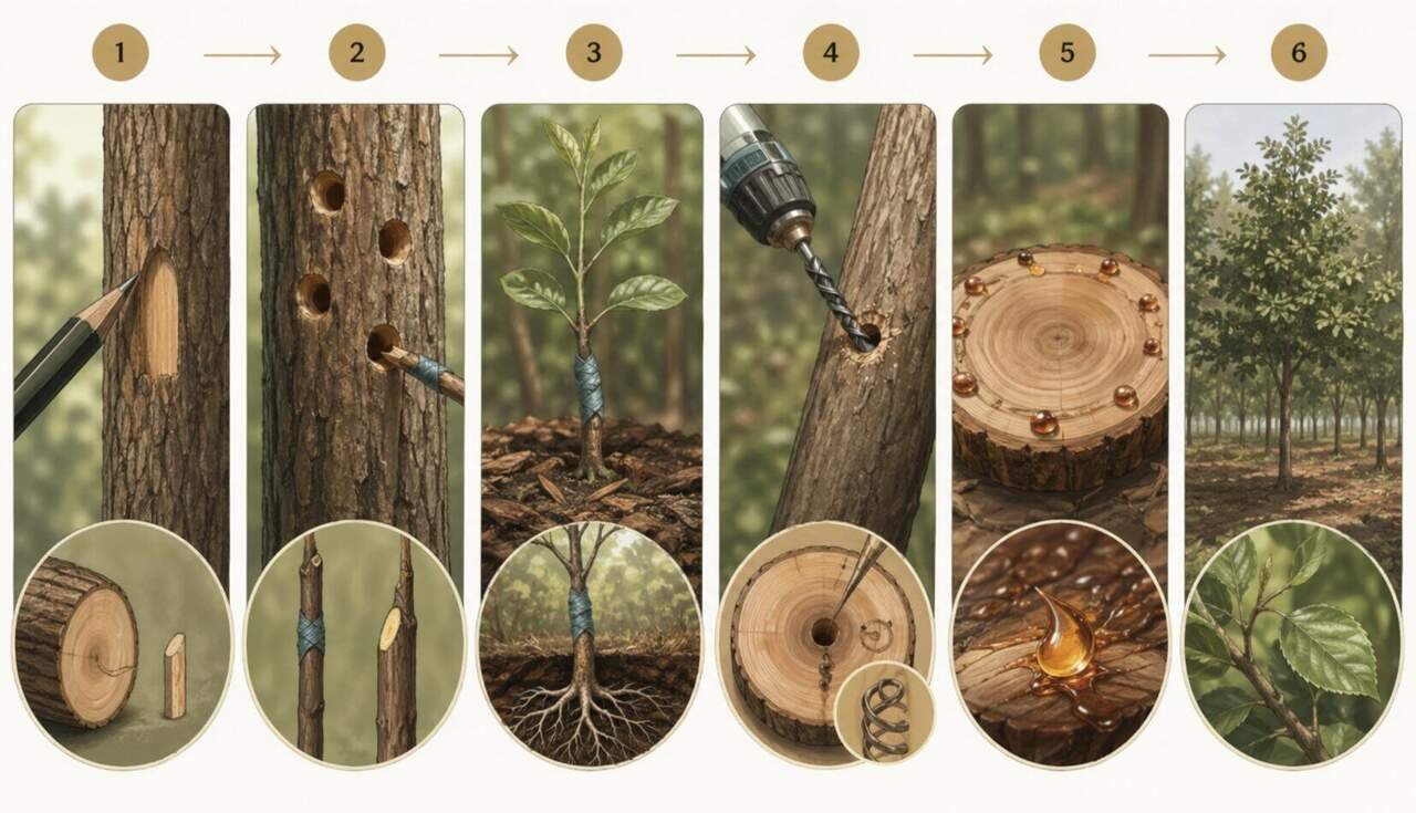 Electric drilling tool applying the 5-stop Kynam-style resin induction pattern on a plantation Aquilaria sinensis trunk