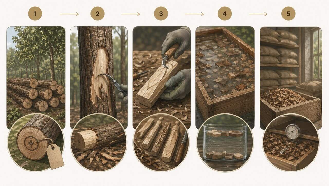 Wholesale oud wood chips hand-carving demonstration for luxury market buyers — agarwood factory artisan cleaning a high-resin Aquilaria log.