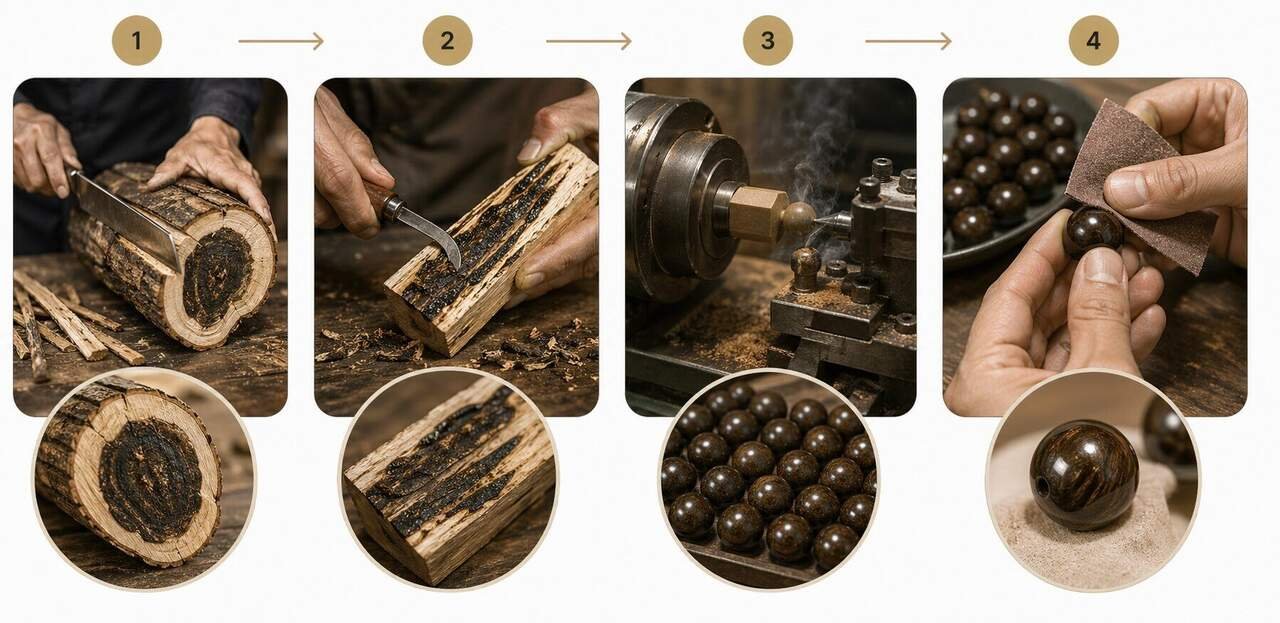 Artisan turning premium agarwood beads on a low-temperature lathe at the Guangdong workshop