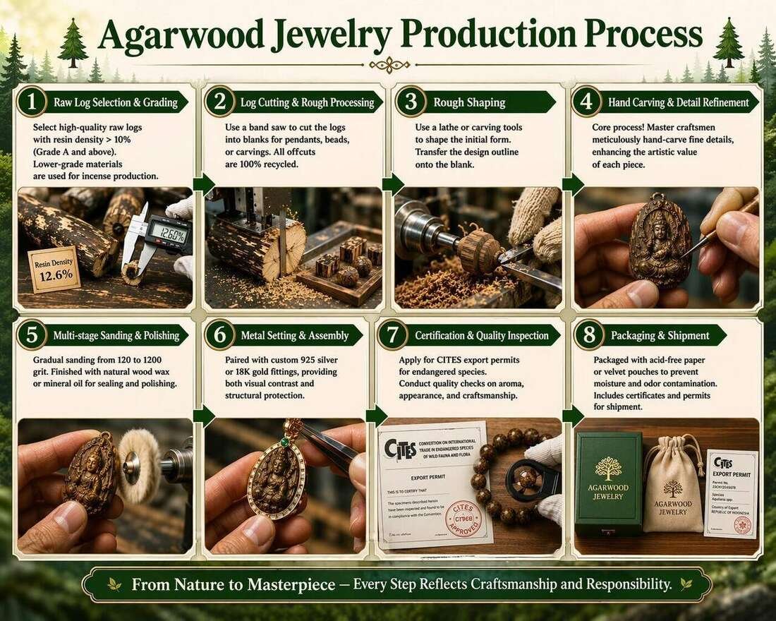 Eight-step manufacturing flow chart showing pendant, earring and bracelet production from plantation agarwood logs