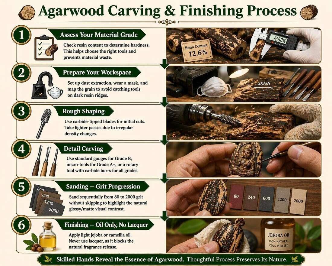 Carving tools laid out beside Grade B, A, and AAA plantation agarwood blocks showing different resin densities