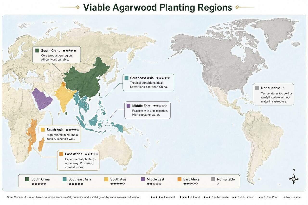 Global map of viable Aquilaria sinensis plantation regions, showing tropical and subtropical climate zones with frost-line reference