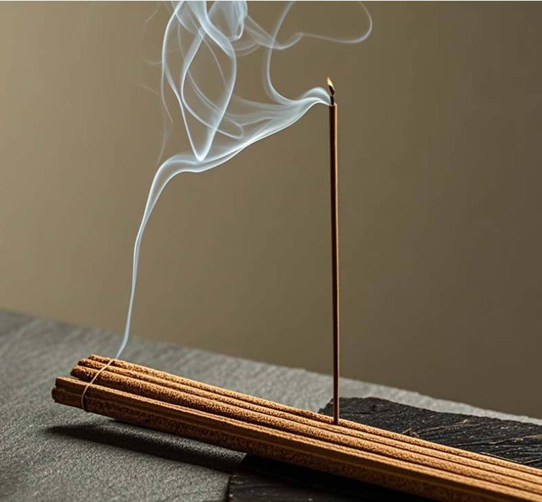 Traditional Chinese agarwood ritual setup with incense bundle, agarwood powder, charcoal discs and an ornate brass xianglu burner