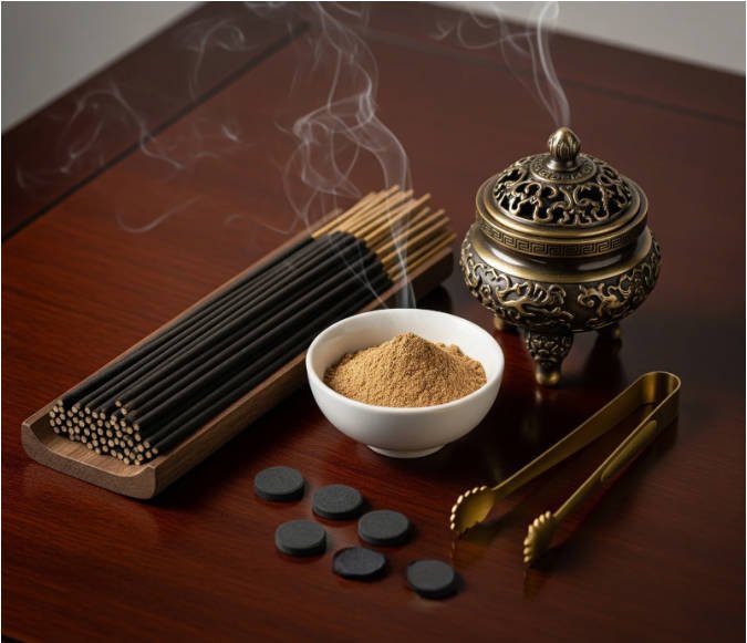 Bundles of cultivated agarwood incense sticks in retail packaging photographed against neutral background
