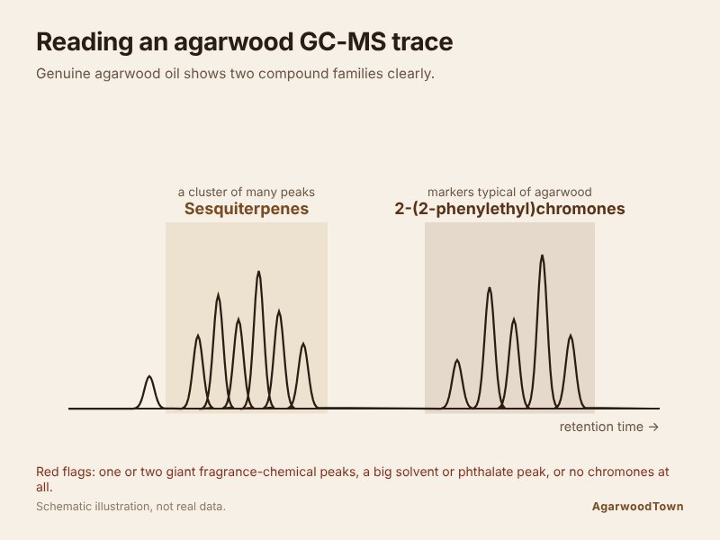Agarholz GC-MS-Kurve erklärt: zuerst ein Sesquiterpen-Cluster, dann 2-(2-Phenylethyl)chromone, als Schema dargestellt