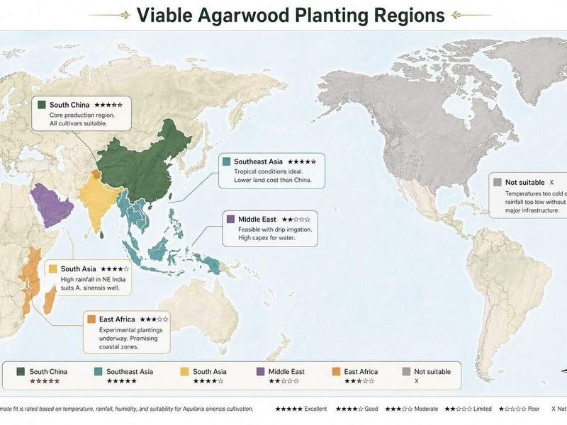 Map of agarwood and Aquilaria plantation regions worldwide, including northeast India and southern China