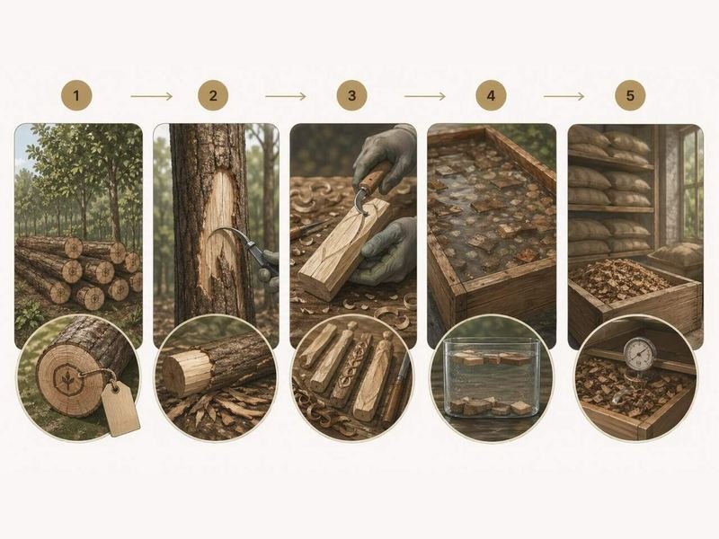 Artisan cleaning a high-resin Aquilaria log by hand, the kind of close inspection that exposes fake agarwood