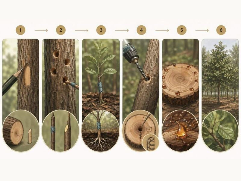 Drilling a cultivated Aquilaria trunk, the deliberate wound that starts resin formation on a plantation tree
