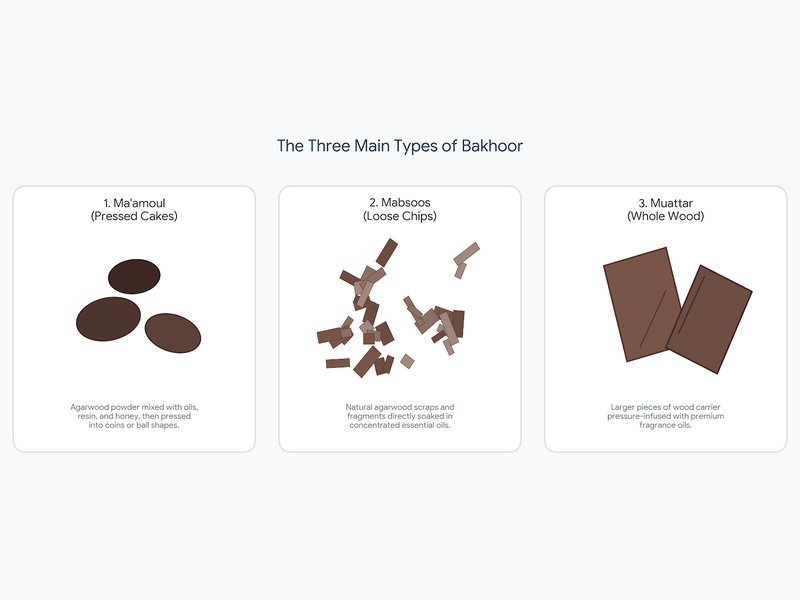 Three bakhoor formats for a private label line: ma'amoul pressed cakes, mabsoos soaked chips and muattar wood pieces